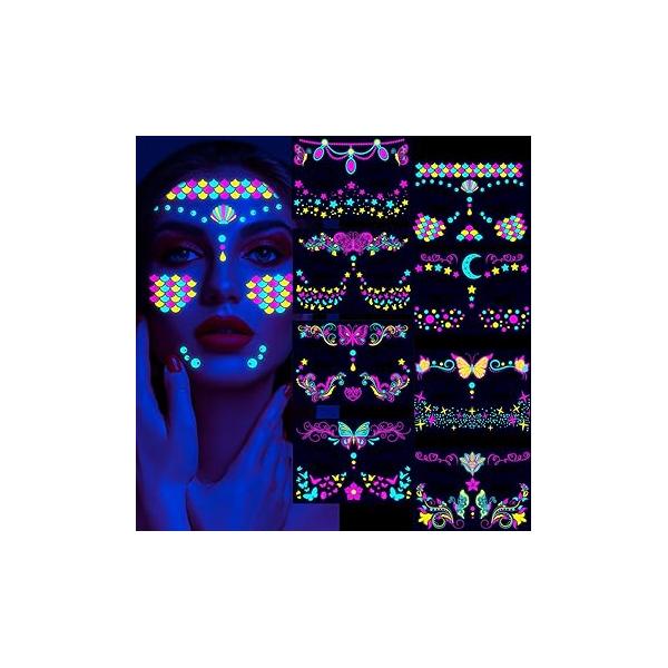 8 Sheets Neon Glow in The Dark Butterfly Face Temporary Tattoos Stickers Luminous Fluorescent Flowers Moon Star Light Flash Fake Tattoo Makeup for Women Girls Halloween Rave Festival Party Supplies