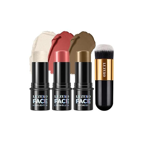 Lezero 3Pcs Contour Stick Makeup Kit, Shades with Highlighter, Blush and Bronzer Trio for Sculpt the Cheeks Body, Long Lasting, Smooth, Dewy & Matte Finish, LIGHT MEDIUM (02,05,06)