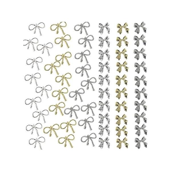 60pcs 3D Metal Bow Nail Charms Rhinestones for Acrylic Nails Alloy Bows Gold Silver Gray Bowknot Art Cute Kawaii Accessories Jewels Women Girls Manicure