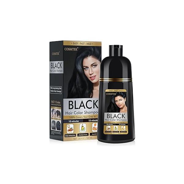 COSMTEK Black Hair Dye Shampoo 3 in 1 for Gray Hair, Color shampoo Women, Natural Dye-100% Grey Coverage/Herbal Ingredients-17.6 OZ