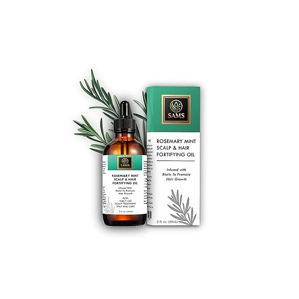 SAMS Rosemary Mint Hair Growth Oil - Organic Scalp Treatment, Strengthens & Nourishes, Prevents Breakage, Fast Growth, 2 fl oz, Green