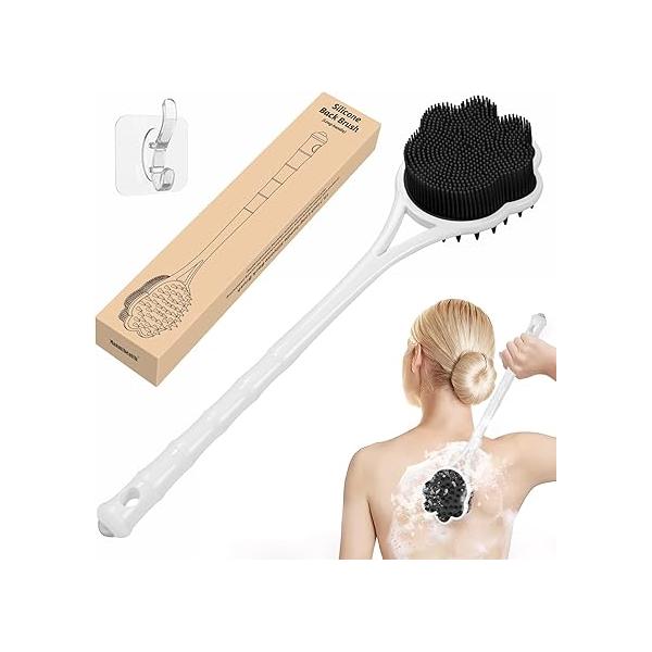 Manmihealth 15.7" Cute Silicone Back Scrubber & Soft Shower Brush Face Set (3 PCS), Paw-Shaped Body Facial with Super-Soft Bristles Combination(PinkSet)