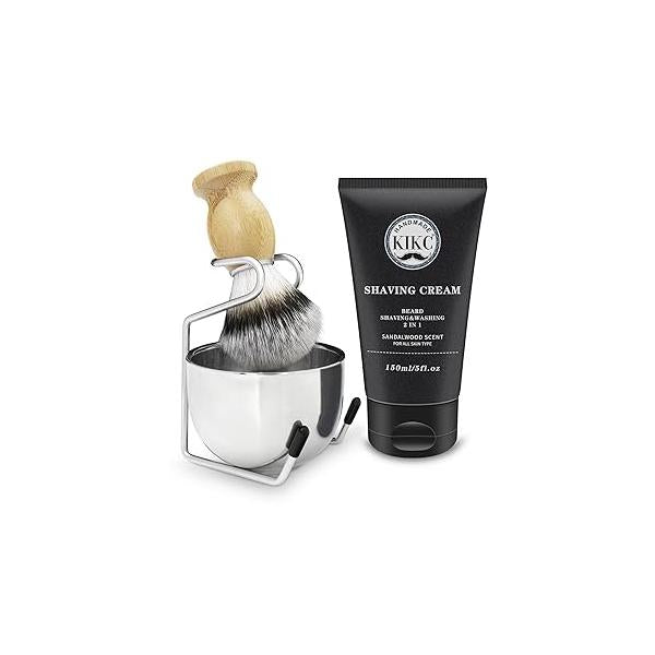 5 in 1 Shaving Kit for Wet Shave, Set Includes Hand Crafted Pure Badger Shave Brush, Stainless Steel Lathering Soap Bowl, Brush Stand, Cream, Best Gift Bearded Man, Deluxe Black