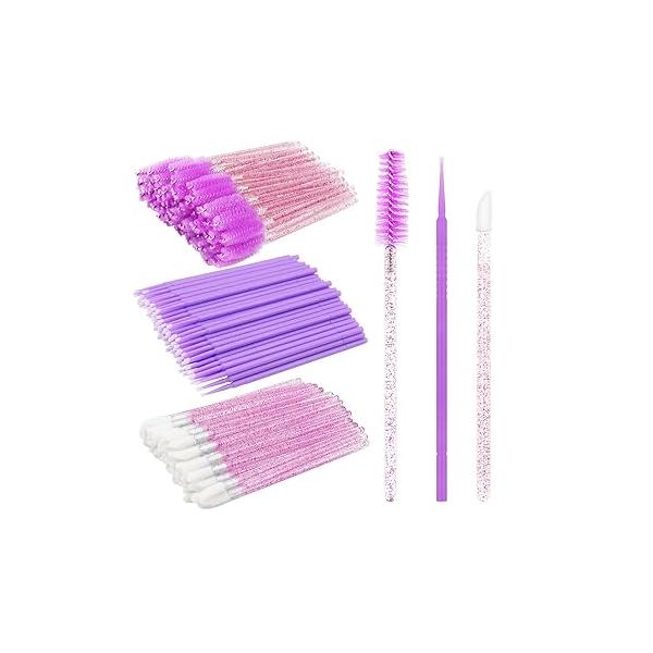 300 PCS Eyelash Extension Supplies Kit Disposable Micro Swab Brush Eyebrow Spoolies Lip Stick Mascara Wand Applicator Makeup Tool (Purple Sets)