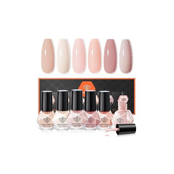 modelones Jelly Nail Polish of 6 Colors Sheer Nude Mini Set Natural Red Pink Brown Quick Dry Kit for DIY Easter Art Salon Home Gift Women Girl