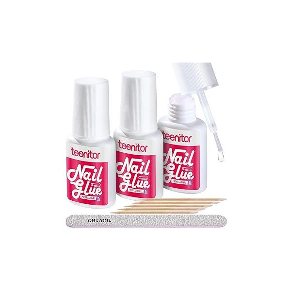 Teenitor Nail Glue for Press Ons, 3 Pack Best Gel Tips with Files, Super Strong Broken Brush on Nails