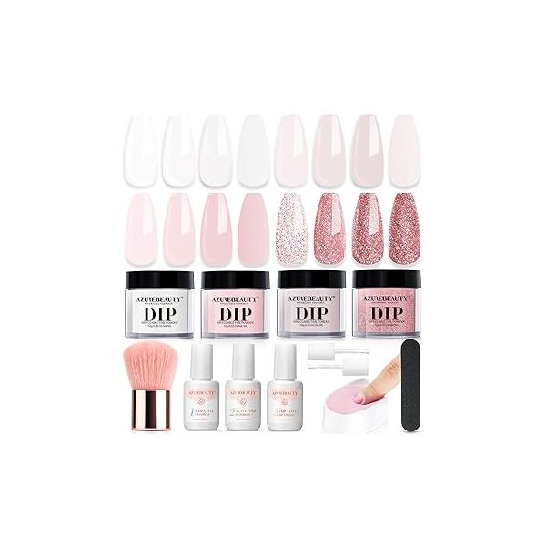 AZUREBEAUTY Dip Powder Nail Starter Kit White Mauve Glitter Champagne, Dipping 4 Colors Set, French Art Base Top Coat Activator Liquid Manicure DIY Salon 12 PCS