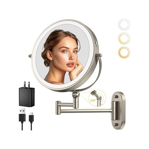 9" Wall Mounted Lighted Makeup Mirror,4000mAh Rechargeable Double Sided 1X/10X Magnifying Mirror with Light,3 Color Lights,Touch Dimmable,Extended Arm 360 Rotation