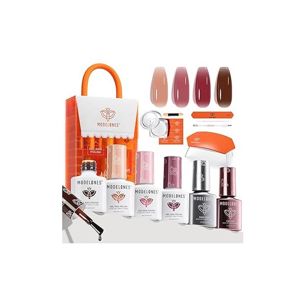 modelones Gel Nail Polish Kit with U V Light, 4 Colors Mini Salon, Base&Top Coat and Stickers, Milky White Nude Pink Glitter Fall Manicure Set, DIY Home Art Decoration Kit, Gift for Women