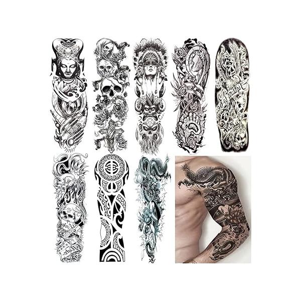18.9x6.7 8 Sheets Extra Large Temporary Fake Tattoos Set for Men and Women, Full Arm Tattoo Sticker Skull Flower Paper Decal Sleeve DIY Black Body Art Sticker, 1
