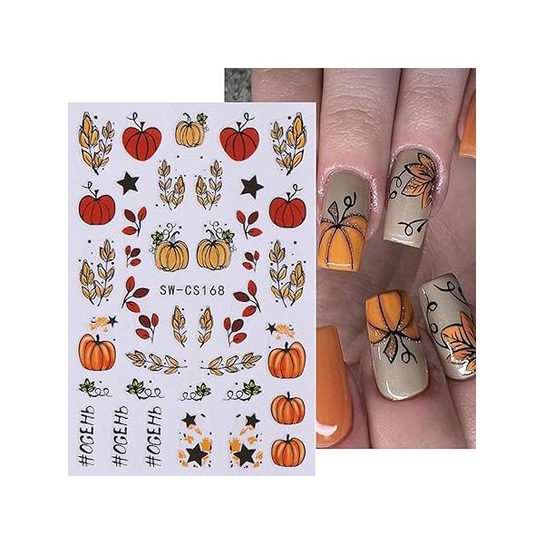 Fall Maple Leaf Nail Art Stickers Thanksgiving Water Transfer 3D Self-Adhesive Fallen Leaves Flowers Plants Designs Theme Autumn Harvest Decorations 4Sheets