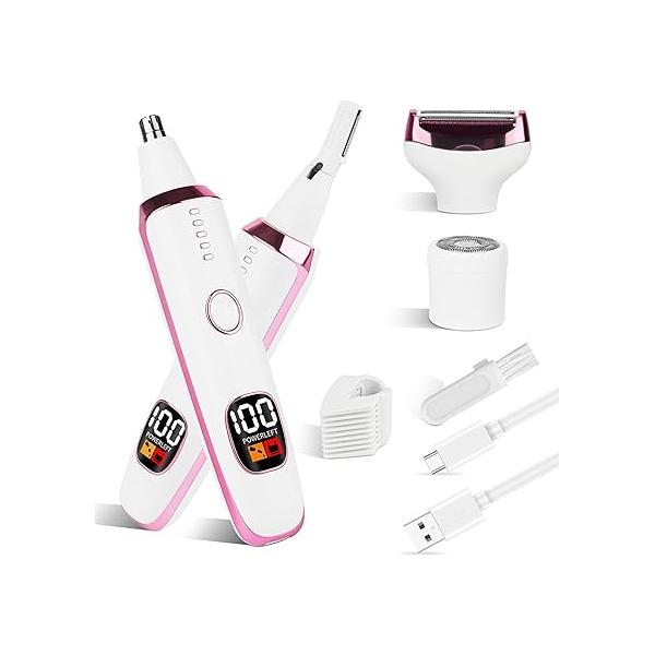 2025 Rechargeable Nose and Ear Hair Trimmer with LED Dispaly for Women Men,4 in 1 Painless Eyebrow & Facial Powerful Motor,Ladies Wet Dry Electric Razor (White)