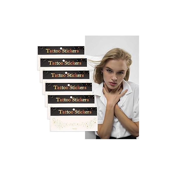 6pcs Face Stickers, Sparkle Stardust Speckle Makeup Patches Cute Gold Freckles Shiny Temporary Tattoos for Women Dancer Costume and Party Accessory