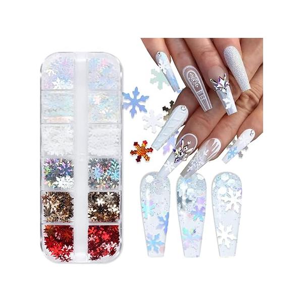 Christmas Nail Art Glitter Sequin,3D Snowflakes Sequins Decoration, White Snowflake, Holographic Snowflake,Winter Products, Professional Accessories for Women Xmas Party Snow Flake