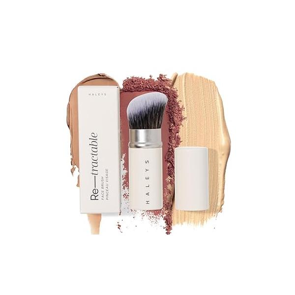 HALEYS Retractable Face Brush, VEGAN Dense, Angled Bristles & Adjustable Sleeve, Portable Makeup Brush for Quick, Easy Streak-Free Blending of Liquids, Creams, Powders, Travel-friendly Mess-Free Cap
