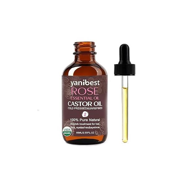 YANIBEST 100% Natural USDA Certified Organic Cold Pressed Unrefined Rose essential Oil for Hair, Face Castor Oil,Scalp & Hair Strengthening All Types