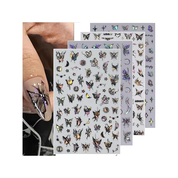 8pcs Laser Black Butterfly Nail Stickers for Women 3D Aurora Decals Art Supplies Metallic Silver Pink Butterflies Nails Manicure Decorations Fingernail Sticker Set