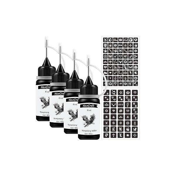 Temporary Tattoos Kit, Permanent Tattoo, 4 Pcs with Three Colors, DIY Tattoos, Full Kit 103 Adhesive Stencil for Women Kids Men Body Markers - Bottles (Black*2/Red/Brown)
