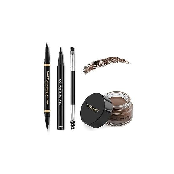 Makeup Kit with 4 Tip Waterproof Microblading Eyebrow Pencil, Eyeliner, Pomade and Dual-ended Brush - Black