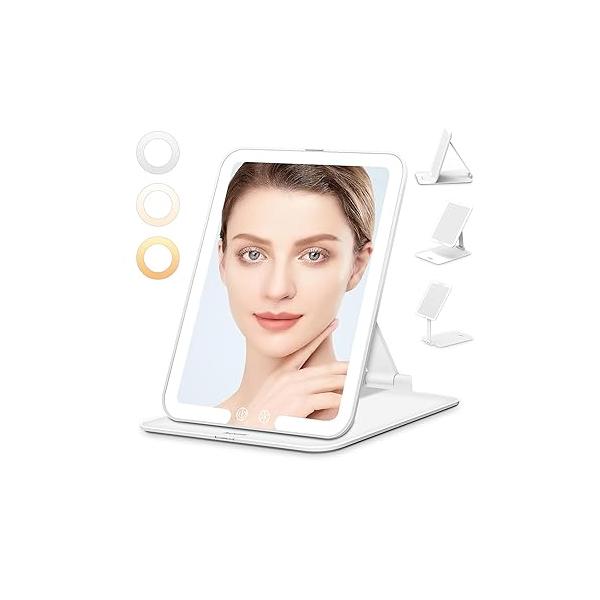 Rechargeable Travel Makeup Mirror with Light, Lighted Compact Vanity 1x/10X Magnification, 3 Dimmable Color LED Lights, Foldable Ultraslim Lightweight Portable Cosmetic