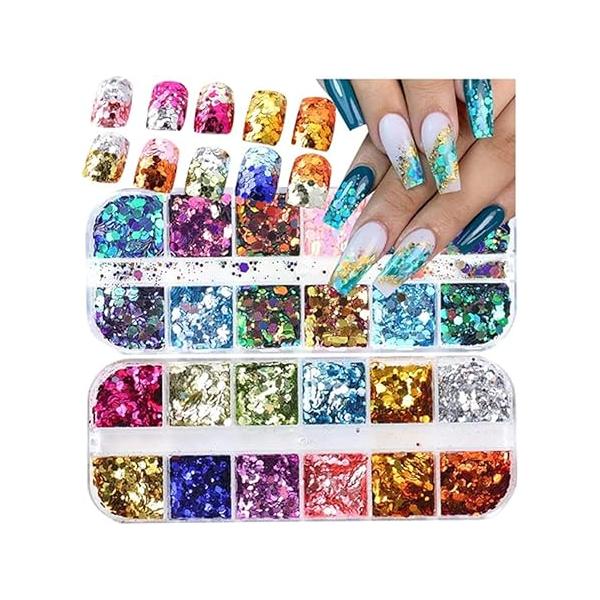 2 Boxes 24 Colors Chameleon Holographic Glitter Mermaid Nail Art Sequins, 3D Flakes Laser Gradient Design, Shiny Glitters Powder Accessories for Women Manicure DIY Decorations A