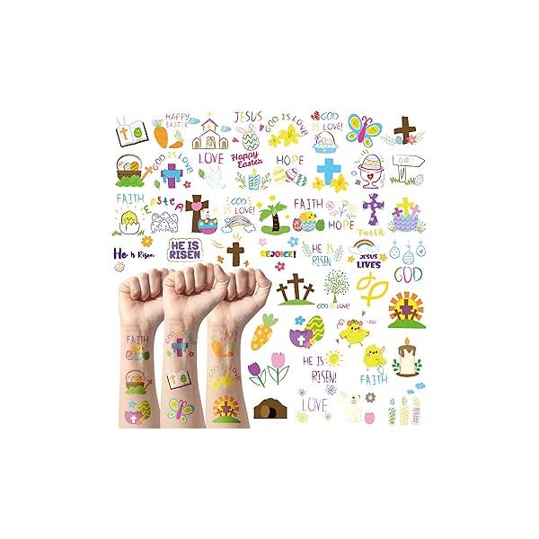 ANGOLIO 144Pcs Easter Doodles Temporary for Kids, Bible Tattoos Stickers Bunny Tattoos, Christian Religious Cross Waterproof Body Party Favors