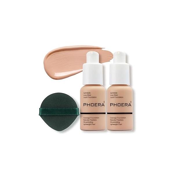 PHOERA Foundation Makeup, Flawless Soft Matte Oil Control Liquid Foundation, Full Coverage Mattle Oil-Control Concealer for Older Women, Great Choice For Gift (#102 Nude)