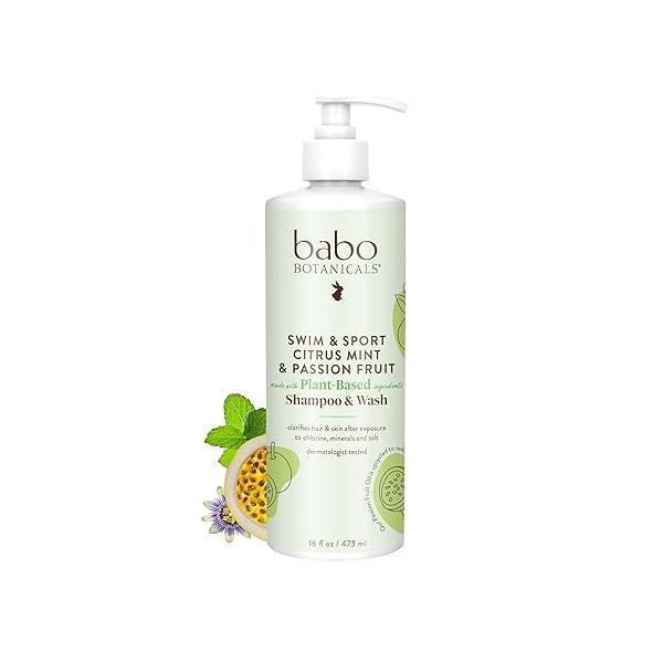 Babo Botanicals Swim & Sport Citrus Mint Passion Fruit Shampoo Wash - Purifying Cleanser for hair body- Removes chlorine sweat For all ages Scented with Peppermint Essential Oils