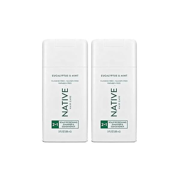 Native 2 in 1 Shampoo and Conditioner, Pack Travel Size Conditioner for Men Women with Naturally Derived Plant Based Ingredients, Eucalyptus Mint Scent, 3 oz. Each