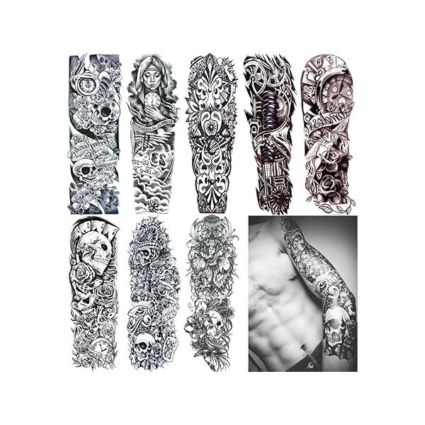 18.9x6.7 8 Sheets Extra Large Temporary Fake Tattoos Set for Men and Women, Full Arm Tattoo Sticker Skull Flower Paper Decal Sleeve DIY Black Body Art Sticker, 1