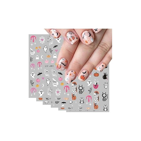 Halloween Nail Stickers for Art, Pumpkin Ghost Art 6Pcs Bat Black Cat Spider Web Skeleton Nails Desgin Decals Women DIY Decorations Supplies