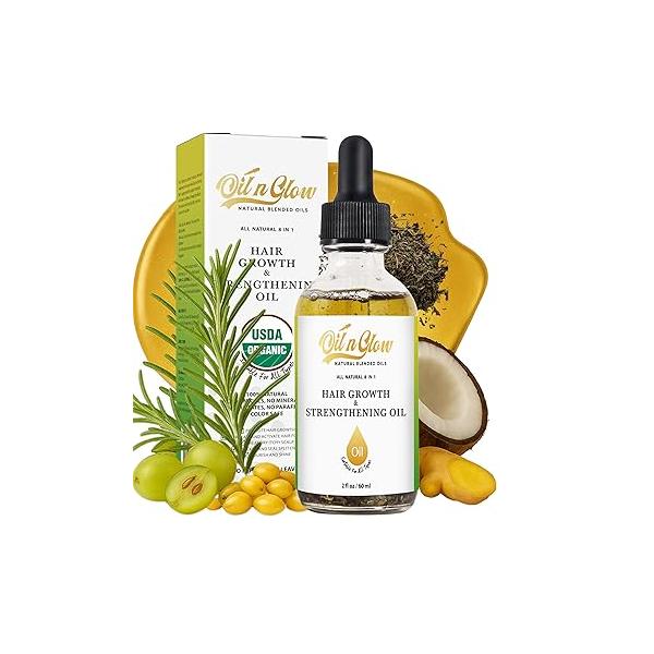 8 in 1 Natural Hair Growth Serum & Strengthening Oil with USDA Organic Rosemary, Castor, 100% Vegan Jojoba, DHT Blocker Coconut, Grape Seed for Split Ends, Ginger Peppermint Scalp 2 FL