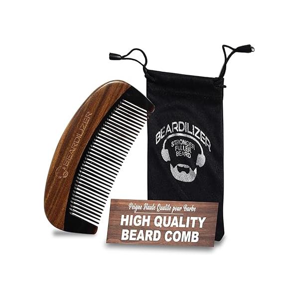 Beardilizer Premium Beard Comb for Men - 100% Natural Black Ox Buffalo Horn & Sandalwood Handle with Carrying Pouch, Professional Anti-Static Fine and Coarse Teeth