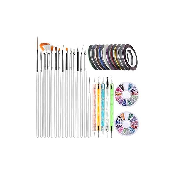 Teenitor Nail Art Brushes, Paiting Design 15 Gel Dotting Pen 5pcs, 12 Colors Rinestones & 10 Adhesive Striping Tape for False Acrylic Nails-Black