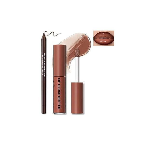Nourishing Lip Gloss with Brown Liner Combo Set, Moisturizing High Shine Nude Glow Oil Fresh Lightweight Glossy Plumping for Women Long Wear Mini Liquid Lipstick Makeup#8