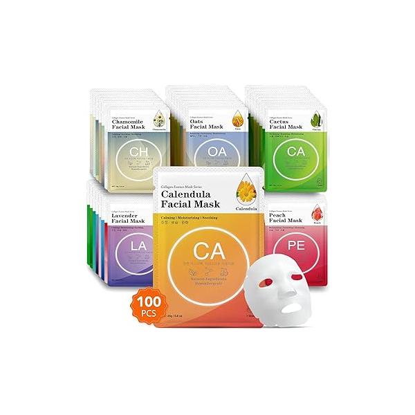 VESPRO Collagen Essence Sheet Facial Masks (48 Pack), Bulk for Face, Skincare All Skin Types, Moisturizing and Soothing, Natural Care Spa Face Mask