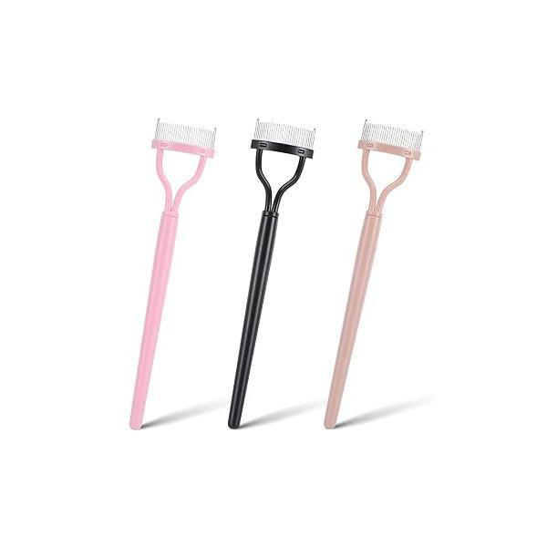 3pcs Eyelash Separator Comb, Metal Teeth Mascara Tool, Separators with Cover for Women, Comb Arc Designed Applicator Natural Eye Makeup, Black Pink Lotus Root