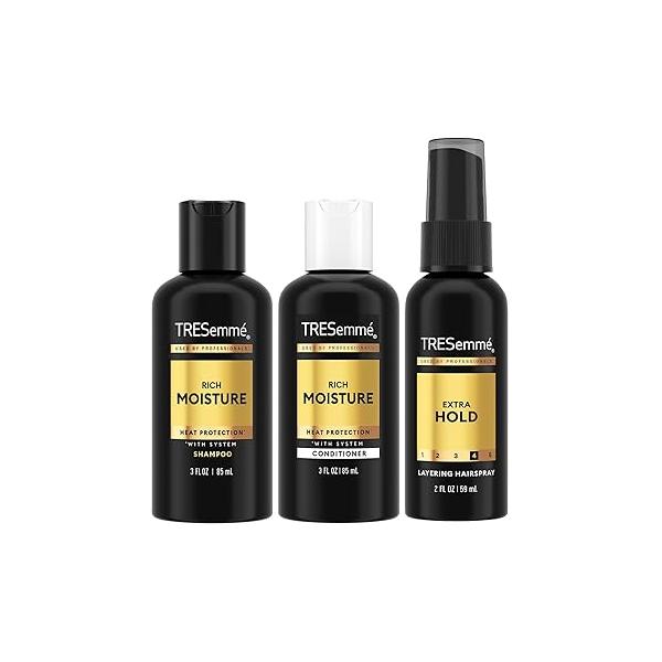 TRESemmé Travel Shampoo, Conditioner & Hairspray - Rich Moisture Hair Products + Non-Aerosol Spray, 24H Frizz Control (3 Piece Set)