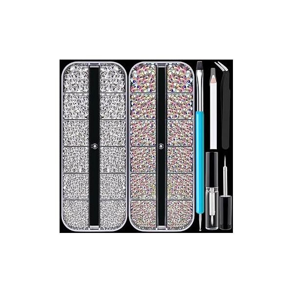 Colorful Face Gems for Makeup Set, Flatback Gorgeous Charming Shining AB Glass with Glue, Tweezer, Picker Pencil Eye Body Hair Make-up and Nail Art Deco