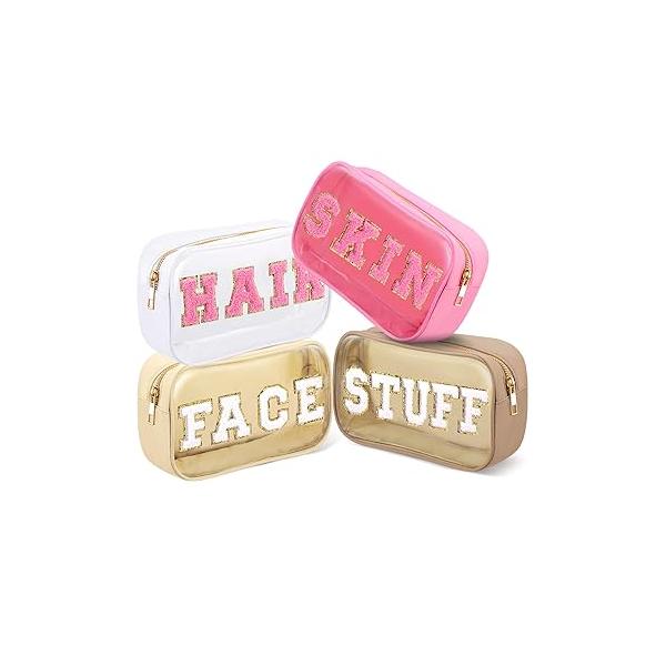 4 Pieces Chenille Letter Cosmetic Bag Set Nylon PVC Clear Waterproof Makeup Pouch Stuff Hair Travel Zipper Multi Purpose Aesthetics Toiletry Organizer for Women Gym Beach (Fresh Colors)