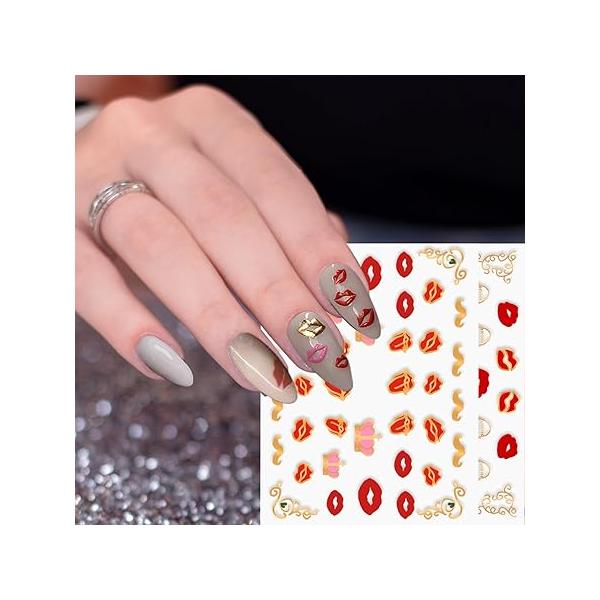 30 Sheets Valentine's Day Nail Art Stickers Love Heart Romantic Decals 3D Self-Adhesive Pink Lips Kiss Supplies DIY Acrylic Decoration Accessories for Women and Kids
