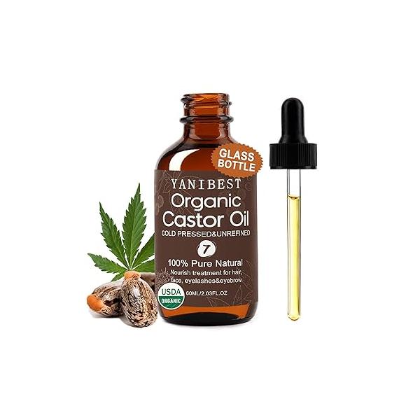 YANIBEST Organic Castor Oil, Cold Pressed Unrefined Glass Bottle, 100% Natural USDA Certified Oil for Hair, Eyelashes, Face, Eyebrows, Scalp & Hair Strengthening All Types