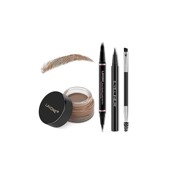 LAVONE Eyebrow Pencil Makeup Kit, with Waterproof 2-IN-1 Microblading Pen, Pomade, Eyeliner and Dual-ended Brush, Brow Kit for Natural Eyebrows - Dark Brown