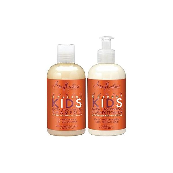 Shea Moisture Mango & Carrot Kids, Extra-Nourishing, Shampoo (8 Oz) and Conditioner (7.7 Oz), Orange Blossom Extract, Dry, Delicate Hair, Vitamin B-5 E, 2 Piece Set