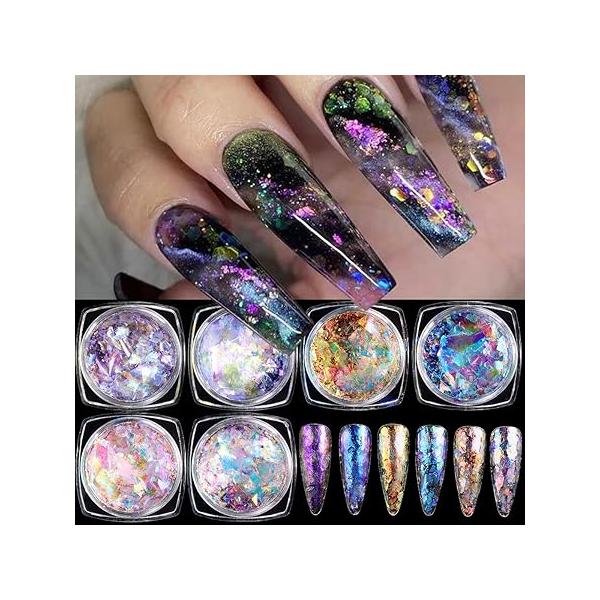 Iridescent Chrome Nail Powder, 6 Boxes Crystal Fire Opal Flakes for Art, Holographic Chunky Glitter Mermaid Sequins, Chameleon Set, Ice Aurora Glass Paper Manicure Paillettes Decoration