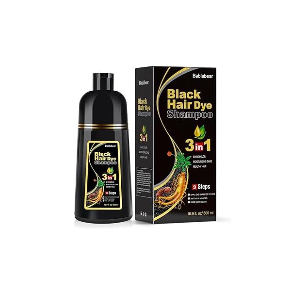 Black Hair Dye Shampoo for Gray Hair, Semi-Permanent Color Women and Men, Herbal Ingredients, 3 in 1 100% Grey Coverage.Lasts 30 Days/500ml/Natural herbal Ingredients
