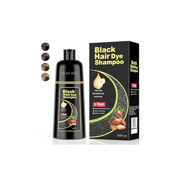 Black Hair Dye Shampoo 3 in 1，Argan Natural Herbal Color Covers Gray for Women and Men (16.9 fl.oz Black)
