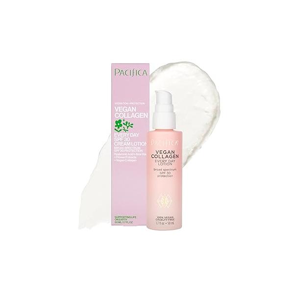Pacifica Beauty Vegan Collagen SPF 30 Broad Spectrum Sunscreen Every Day Face Lotion, UVA/UVB Protection for All Skin Types, Lightweight, Moisturizing & Hydrating, Cruelty Free, White, 1.7 Fl Oz