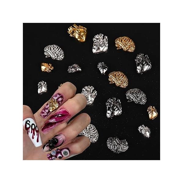 18pcs Halloween Nail Charms Alloy Brain Art Rhinestones Terror 3D Heart Gems Metallic Gold Silver Diamond Gun-Black Jewelry for Decoration