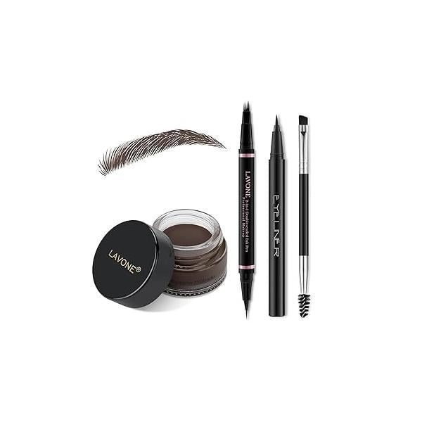 LAVONE Eyebrow Pencil Makeup Kit, with Waterproof 2-IN-1 Microblading Pen, Pomade, Eyeliner and Dual-ended Brush, Brow Kit for Natural Eyebrows - Dark Brown